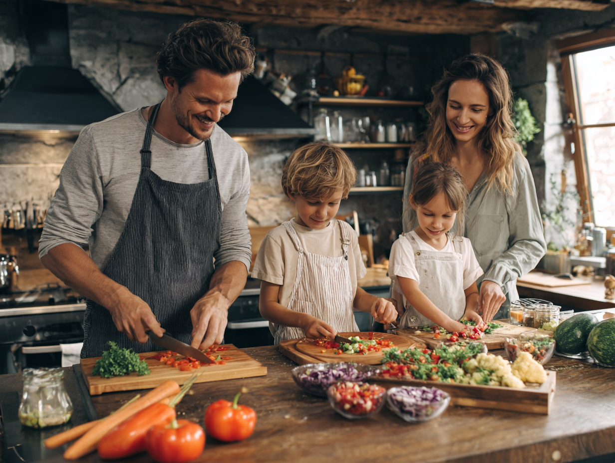 Сім'я готує здорову їжу разом на кухні